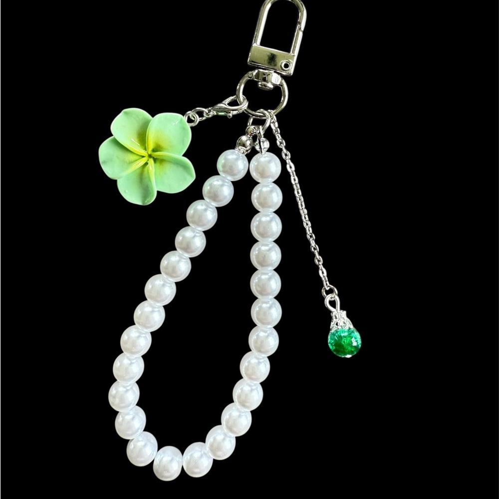 Pearl Keychain with Green Flower Charm